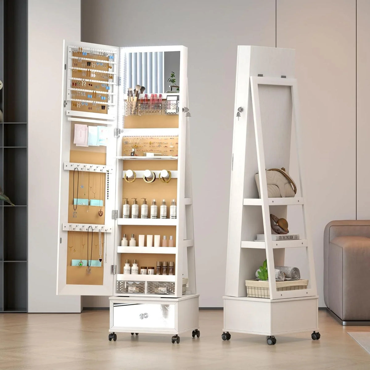 HAOFEI 360° Swivel Jewelry Mirror Cabinet with Lights, Standing Jewelry Armoire Organizer Rotatable Full Length Mirror with Jewelry Storage, Lockable with Rear Storage Shelves, Built-in Makeup Mirror