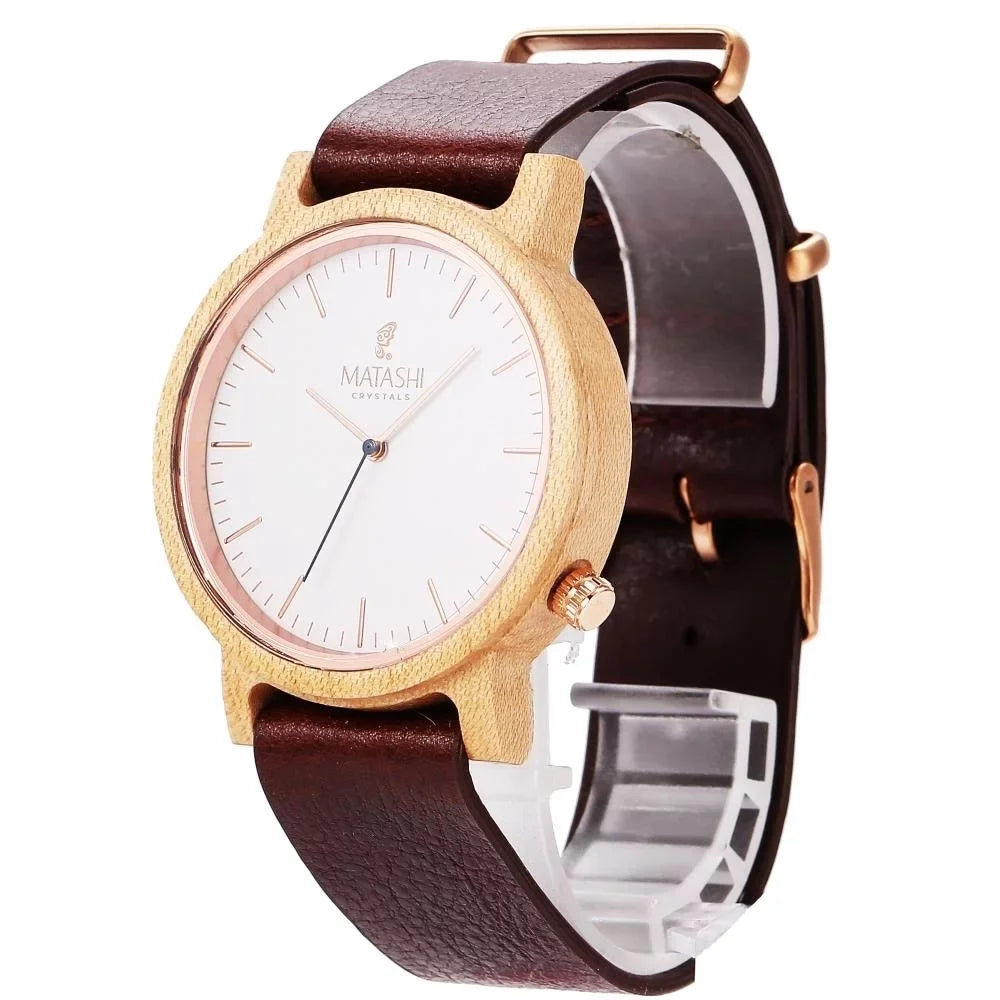Matashi Mens and Womens Casual Wooden Wrist Watch w Brown Leather Strap, 1ATM liquid impervious, Business or Travel, Swiss