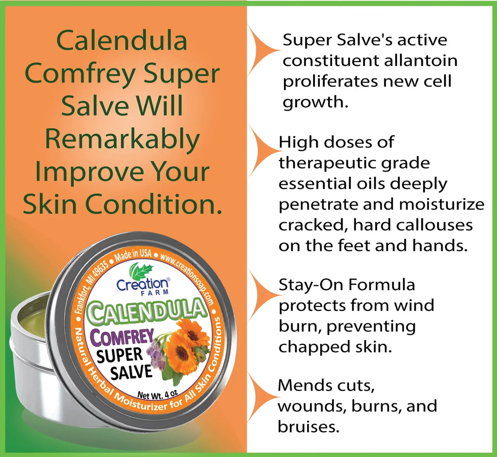 Calendula Comfrey Salve 4 oz Tin, Herbal Skin Rash Ointment, Wound Treatment Tin 4 oz by Creation Farm