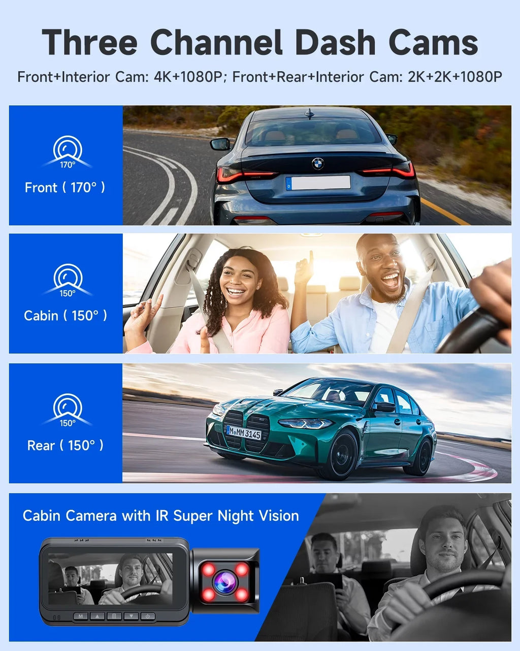 4K Dash Cam Front and Rear TOGUARD 3 Channel Front Inside Rear Dash Camera Car Camera with IR Night Vision, GPS, Loop Recording, G-sensor, Parking Monitor, Motion Detection