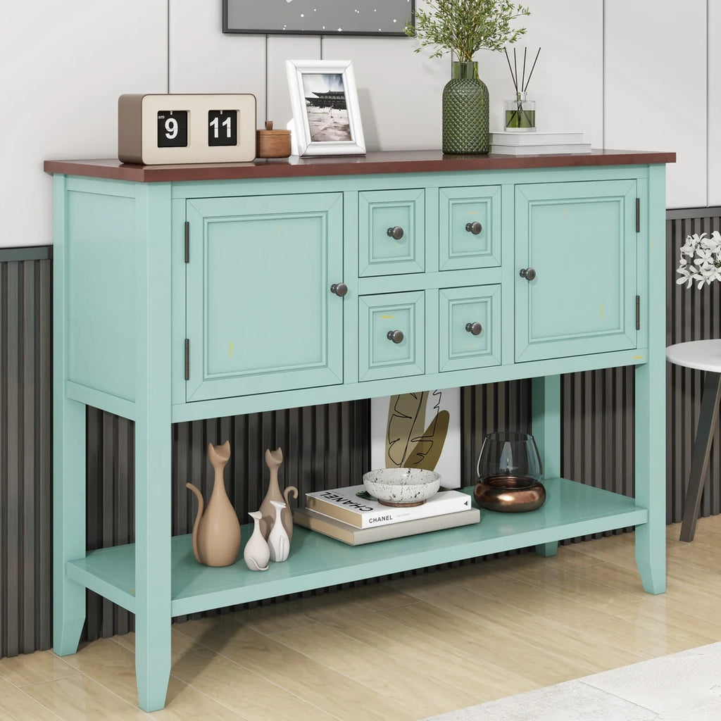 TREXM Cambridge Series Ample Storage Vintage Console Table with Four Small Drawers and Bottom Shelf for Living Rooms  Entrances and Kitchens (Lime White  OLD SKU  WF190263AAK)