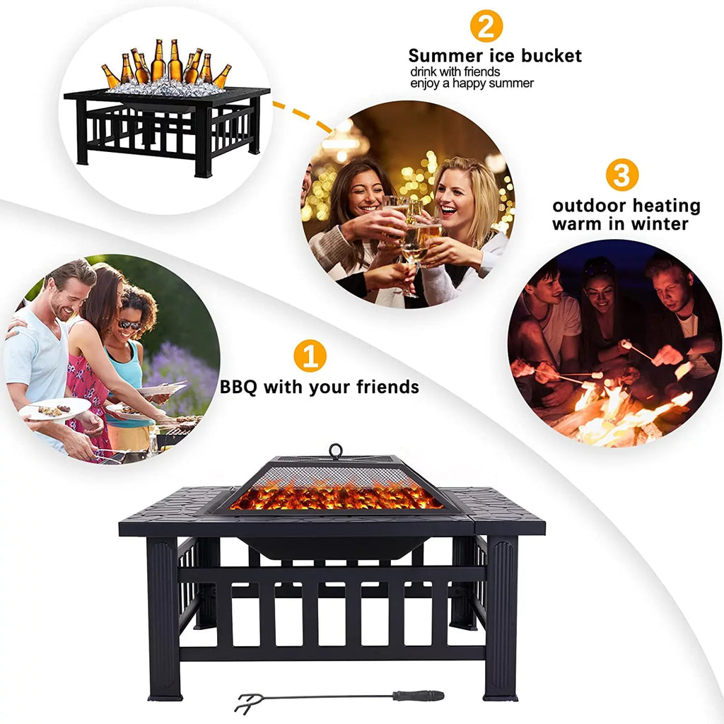 Grand Patio 32" Outdoor Fire Pit, Bonfire Wood Burning Fire Pit for Outside, Square Backyard Patio Firepit Table with Spark Screen wrap Safe Mesh Lid & Poker for Warmth, BBQ or Cooler