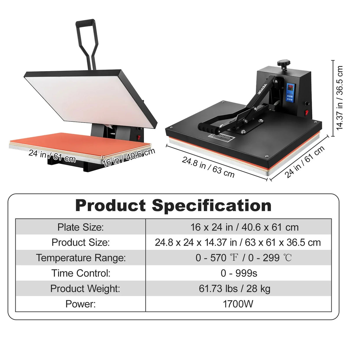 VEVOR 16x24 Heat Press Machine 1700W Power, Industrial Sublimation Printer for TShirt and Heat Transfer Vinyl, Easy to Use Digital Heat Press Black