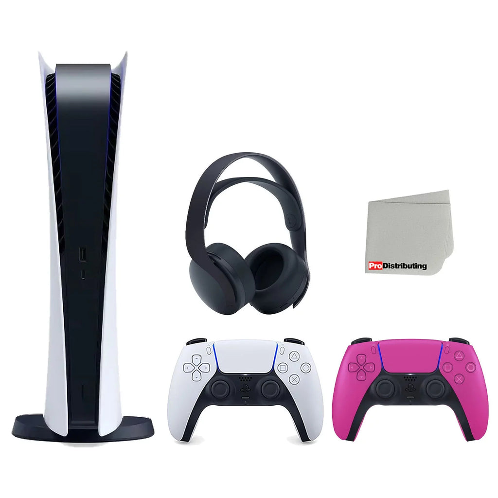 Playstation 5 Digital Edition Console with Extra Pink Controller and Black PULSE 3D Headset Bundle with Cleaning Cloth