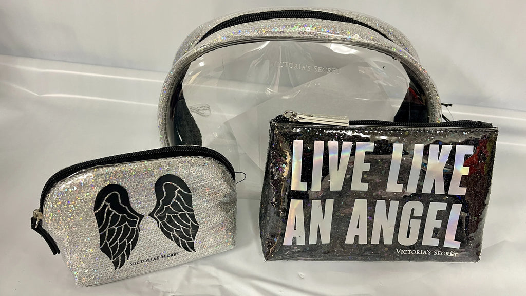 Victoria's Secret Live Like An Angel Wings Clear and Black Sequin Shimmer 3 Piece Cosmetic Makeup Bags Fashison Show London Limited Edition
