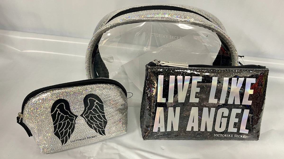 Victoria's Secret Live Like An Angel Wings Clear and Black Sequin Shimmer 3 Piece Cosmetic Makeup Bags Fashison Show London Limited Edition