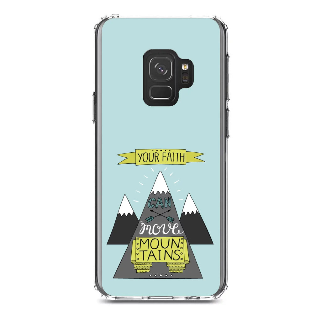 DistinctInk Clear Shockproof Hybrid Case for  Galaxy S9 (5.8" Screen) - TPU Bumper, Acrylic Back, Tempered Glass Screen Protector - Your Faith Can Move Mountains