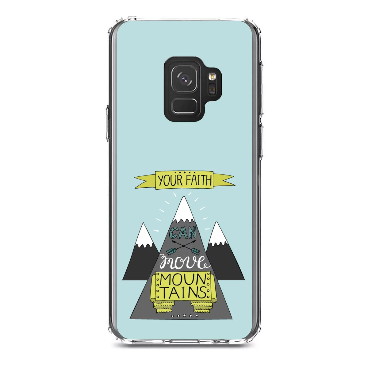 DistinctInk Clear Shockproof Hybrid Case for  Galaxy S9 (5.8" Screen) - TPU Bumper, Acrylic Back, Tempered Glass Screen Protector - Your Faith Can Move Mountains
