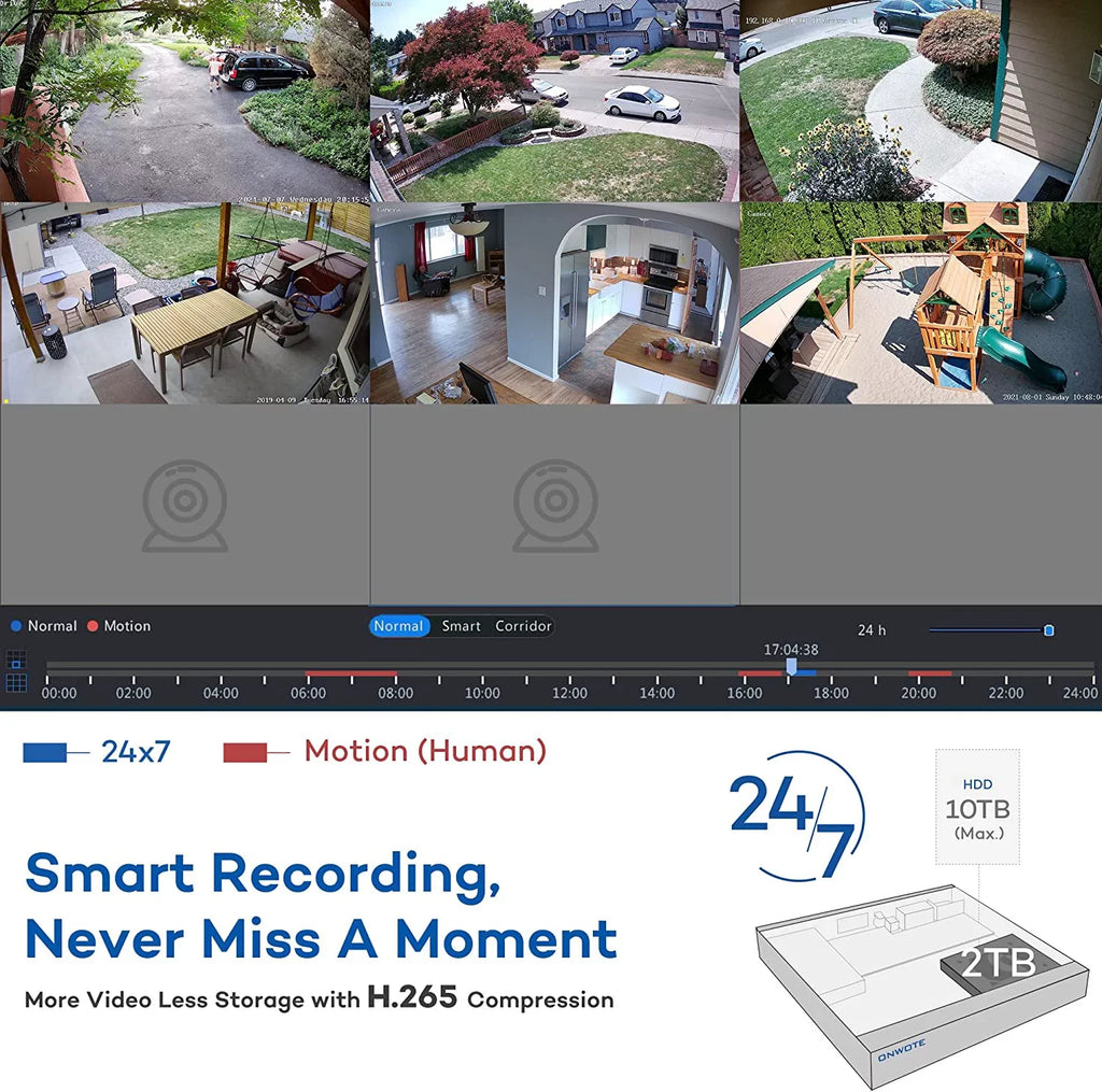 ONWOTE 8 Channel 4K Security Camera System, AI Human Detection, 8CH 4K 8MP POE NVR with 2TB HDD for 24/7 Recording, 6pcs 4K Wide Angle Outdoor Cameras Wired, 8 Channel Synchronous Playback