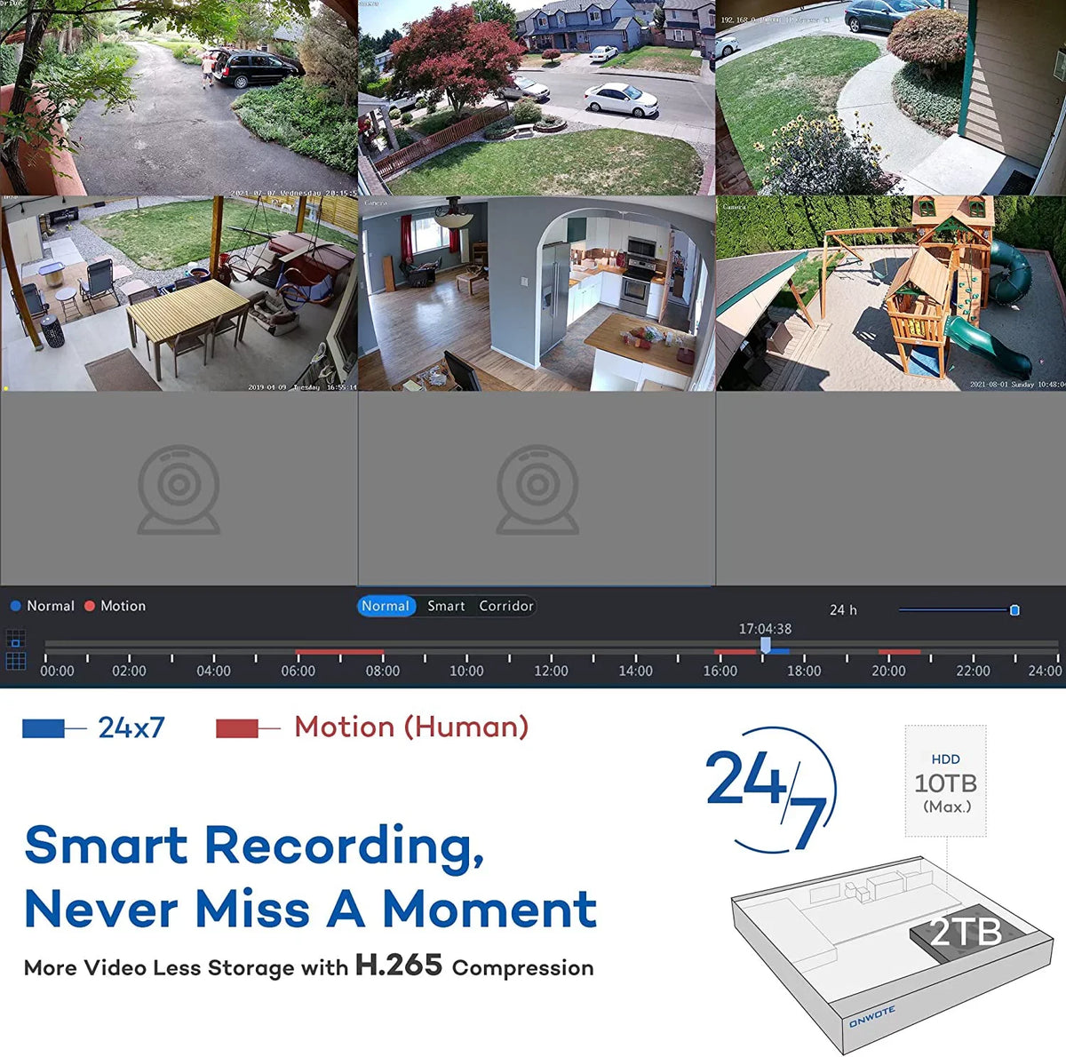 ONWOTE 8 Channel 4K Security Camera System, AI Human Detection, 8CH 4K 8MP POE NVR with 2TB HDD for 24/7 Recording, 6pcs 4K Wide Angle Outdoor Cameras Wired, 8 Channel Synchronous Playback