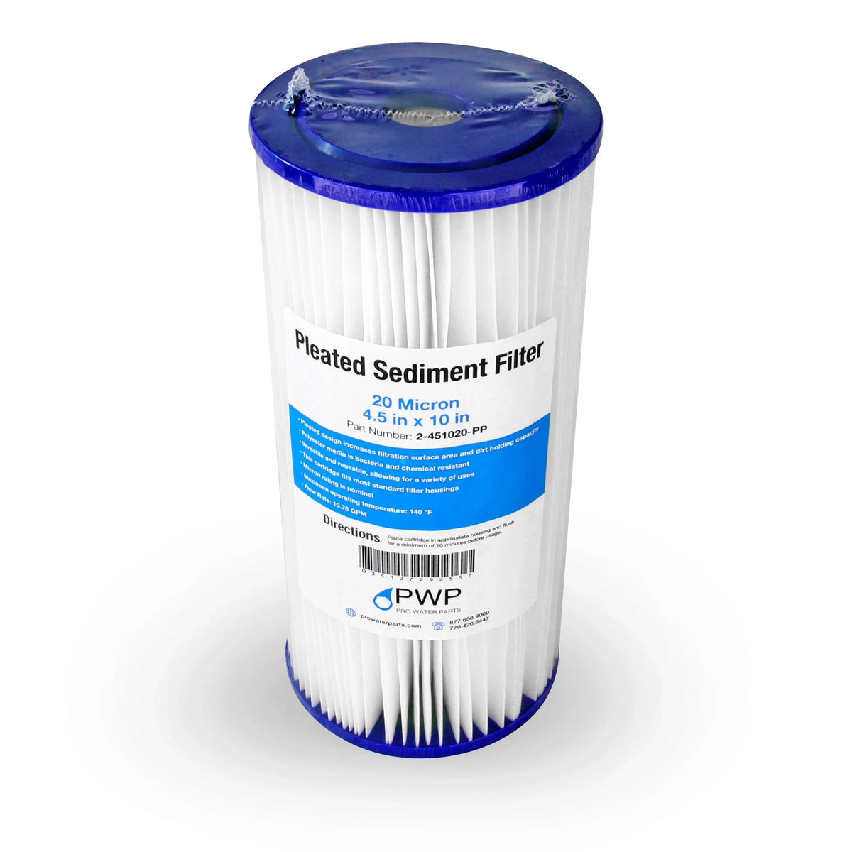Pleated Poly Sediment aqua Filter Cartridge 10x4.5" 20 Micron 20 Pack