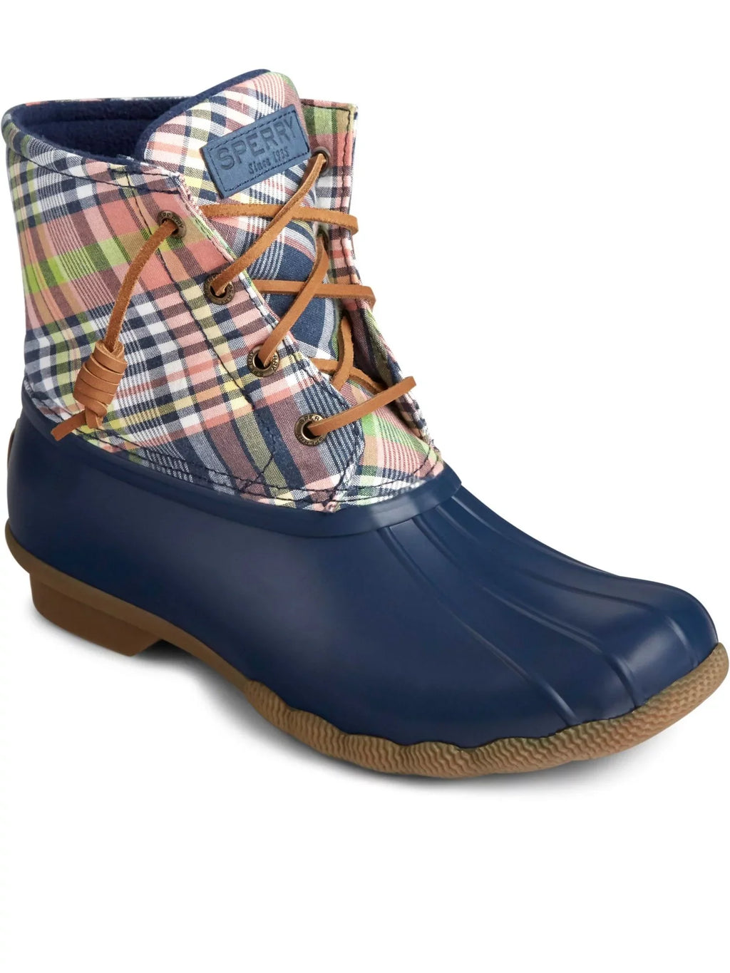 SPERRY Womens Blue Plaid Lace Non-Marking liquid impervious Saltwater Round Toe Block Heel Zip-Up Duck Boots 8.5 M