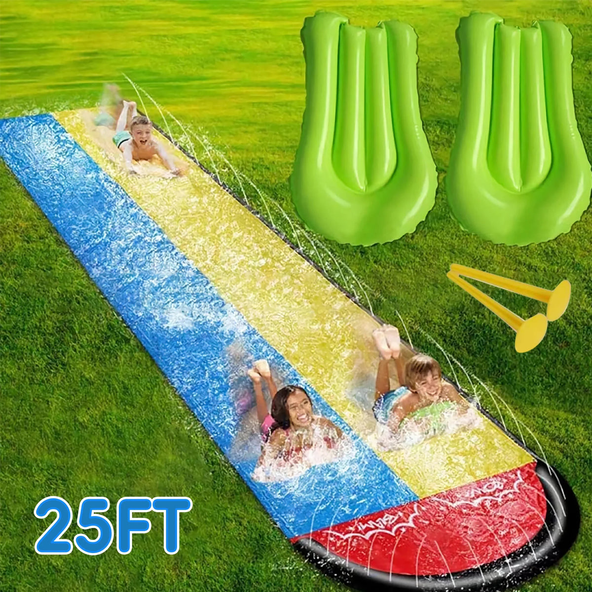 YoYfun 25ft x 4.6ft  Double moisture Slide for Adult Kids, Heavy Duty Lawn aqua Slide with Sprinkler and 2 Slip Inflatable Boards for Summer Yard Lawn Outdoor aqua Play Activities