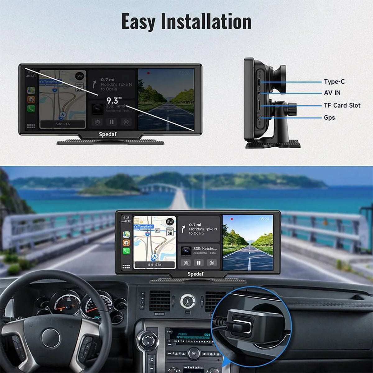 Spedal CL860 Portable CarPlay Screen with 4K Dash Cam Front and Rear- 9.3" Wireless  CarPlay ＆Android Auto Car Stereo  Bluetooth  GPS Navigation Head Unit Car Stereo Receivers 1080p Rear Camera