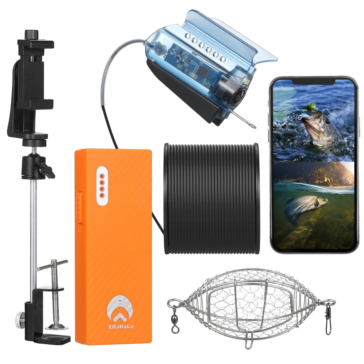 MIXFEER 1080P Underwater Fishing Camera with APP Control Fishing Live Video Camera Fish Finder with 50M Cable Mobile Phone Holder Bait Cage Carry Case for Ice Lake Sea craft Kayak Fishing