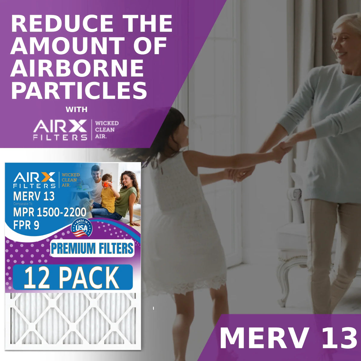 30x30x1 Air Filter MERV 13 Rating, 12 Pack of Furnace Filters Comparable to MPR 1500 - 2200 & FPR 9 - Made in USA by AIRX FILTERS WICKED CLEAN AIR.