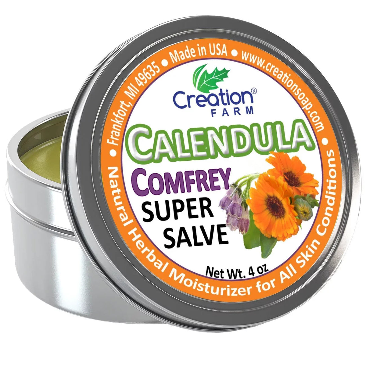 Calendula Comfrey Salve 4 oz Tin, Herbal Skin Rash Ointment, Wound Treatment Tin 4 oz by Creation Farm