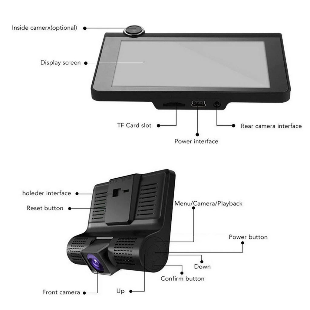 XBTCLXEBCO 4" 3 Lens HD 1080P Car DVR Rearview Video Dash Cam Recorder Camera G-sensor