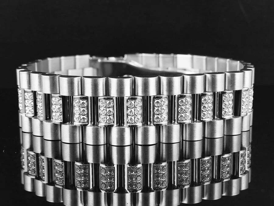 Mens White Gold Finish Stainless Steel Presidential Lab Diamond Bracelet (18MM)