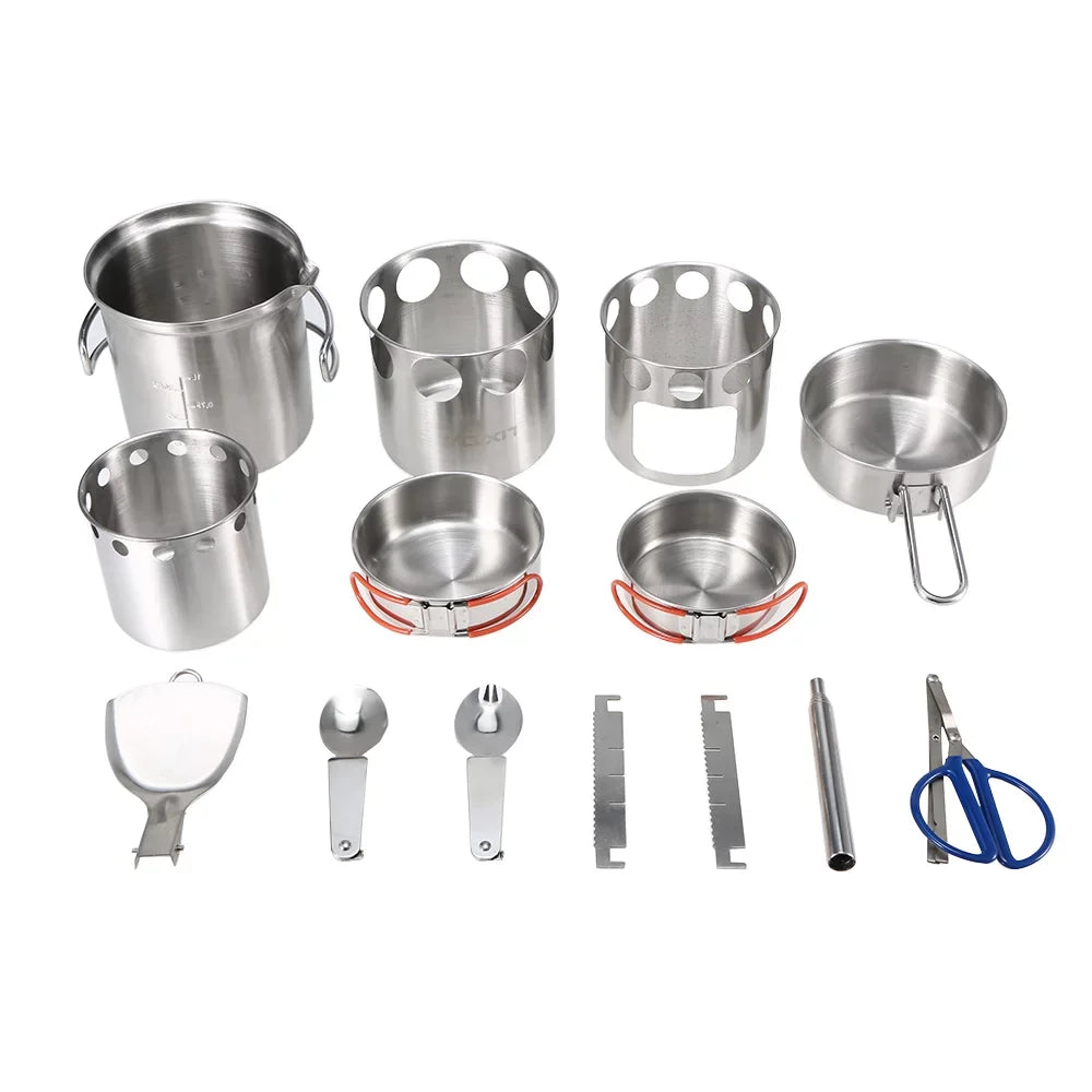 Lixada Camping Cookware Mess Kit, Stainless Steel Folding Wood Stove Pot Pan Set, Portable Tableware Cooking Set for Backpacking and Picnics