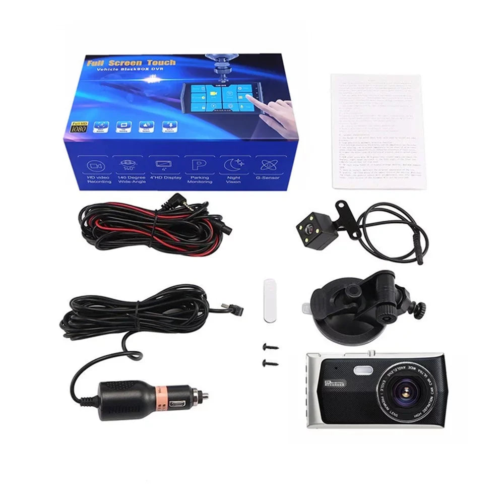 HD Dash Cam 4" IPS Touch Screen Dual Lens Car Camera 1080P FHD Video Record and Backup Camera, 170 Degree Angle,G-Sensor,Parking Monitor, Loop Record& Night WITH 32 GB SD CARD