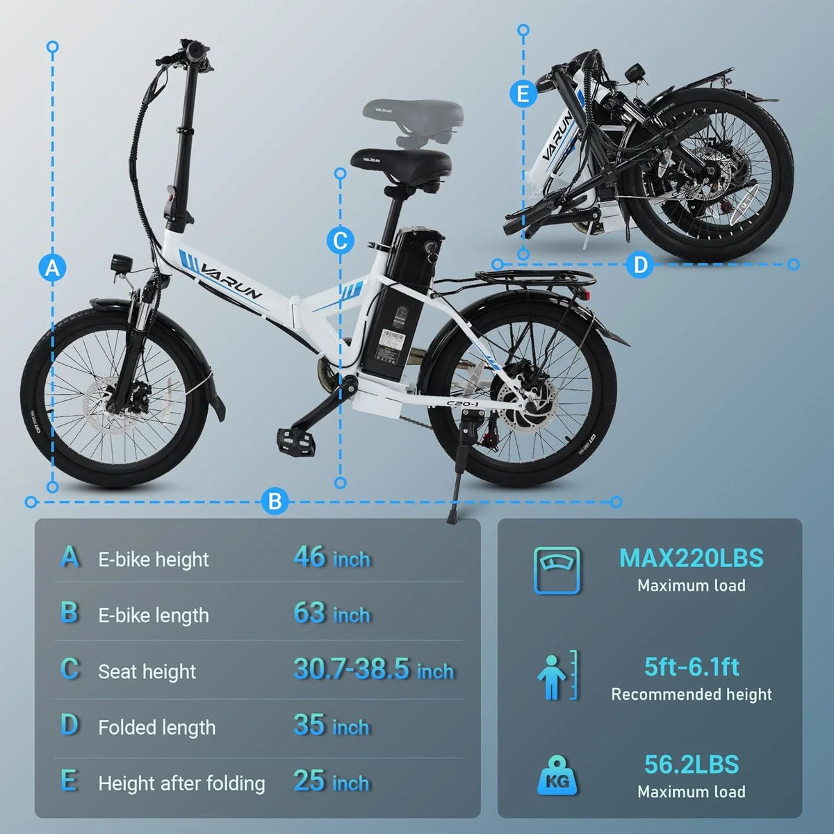 VARUN Electric Bike - 500W Folding Ebike with Stylish 20" Wheels, 48V Lithium Battery for 40 Miles Range and 20MPH Speed