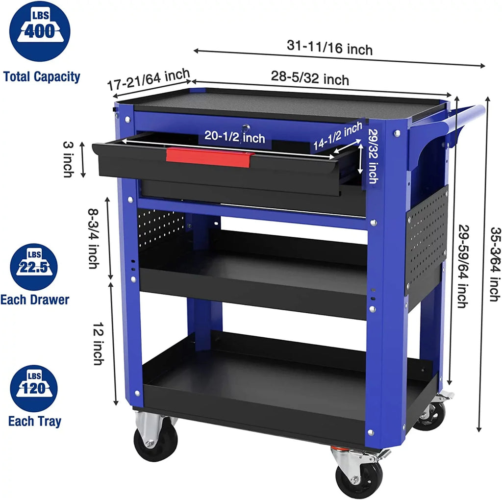 WORKPRO Premium 28" 2-Drawer Rolling Tool Cart, Heavy Duty Utility Industrial Service Cart Storage Organizer with Wheels and Locking System, for Mechanic, Warehouse, Garage, Workshop, 400 lbs Load