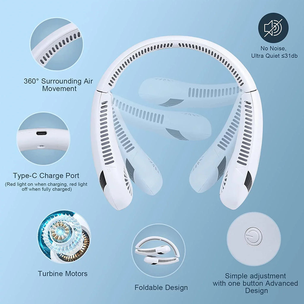 Morttic Portable Neck Fan, Foldable Bladeless Fan Wearable Personal Fan Hands Free Cooler Fan 5000 mAh 3 Speeds, 360 Degrees Airflow USB Rechargeable Fan Perfect for Outdoor Travel Sport (White)