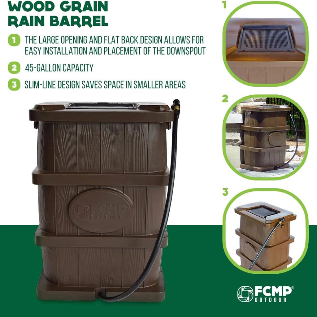 FCMP Outdoor WG4000-GRY Home Outdoor Wood Grain Rain liquid Catcher Barrel