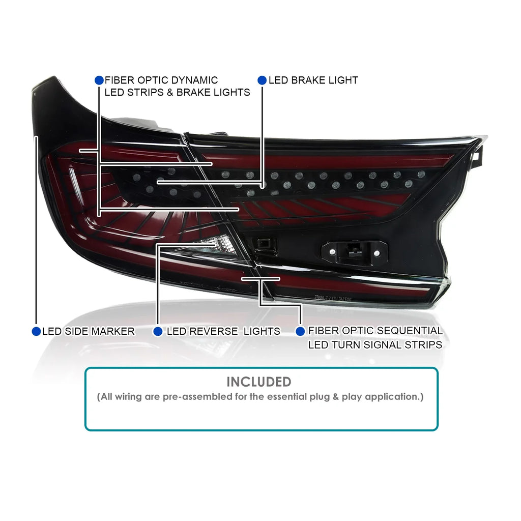 Spec-D Tuning Black Housing Smoke Lens Dynamic LED Sequential Tail Lights with Red Light Bar suitable with 2018-2022 Honda Accord 4Dr Sedan Left + Right Pair Assembly