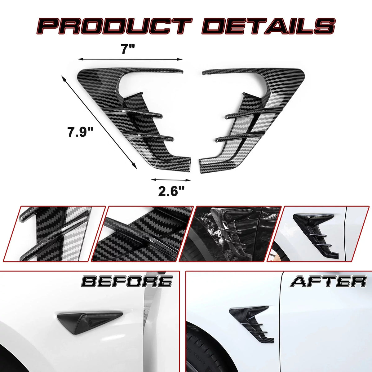 Xotic Tech Side Marker View Camera Indicator Turn Signal shield Trim, Carbon Fiber Pattern, suitable with Tesla Model 3 Model Y 2021+