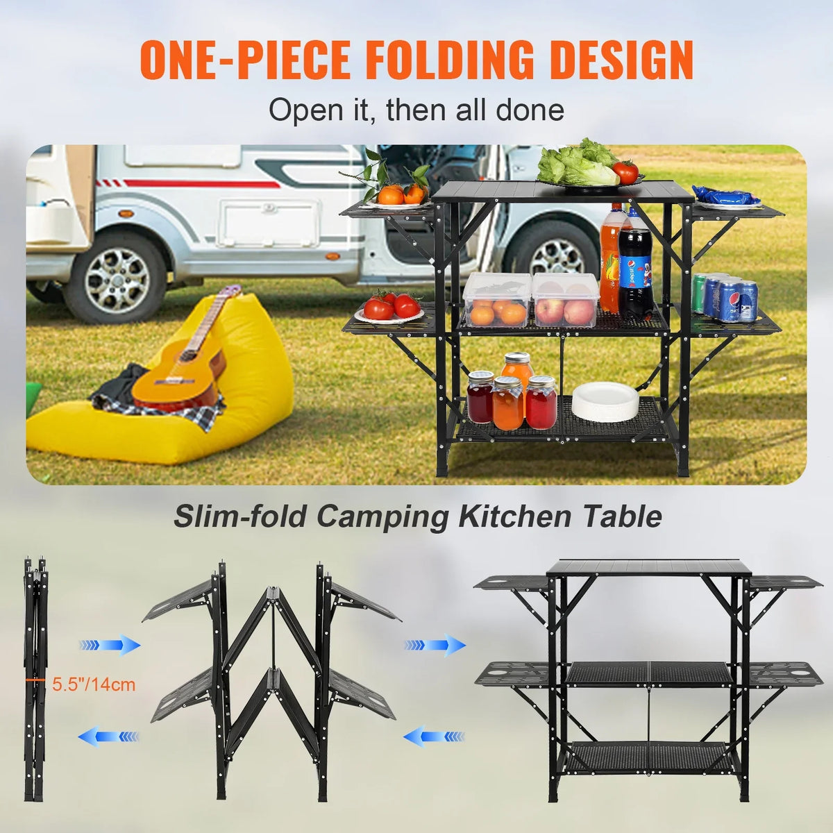 SKYSHALO Folding Portable Cook Station 5 Tables & 2 Shelves Camping Kitchen Table