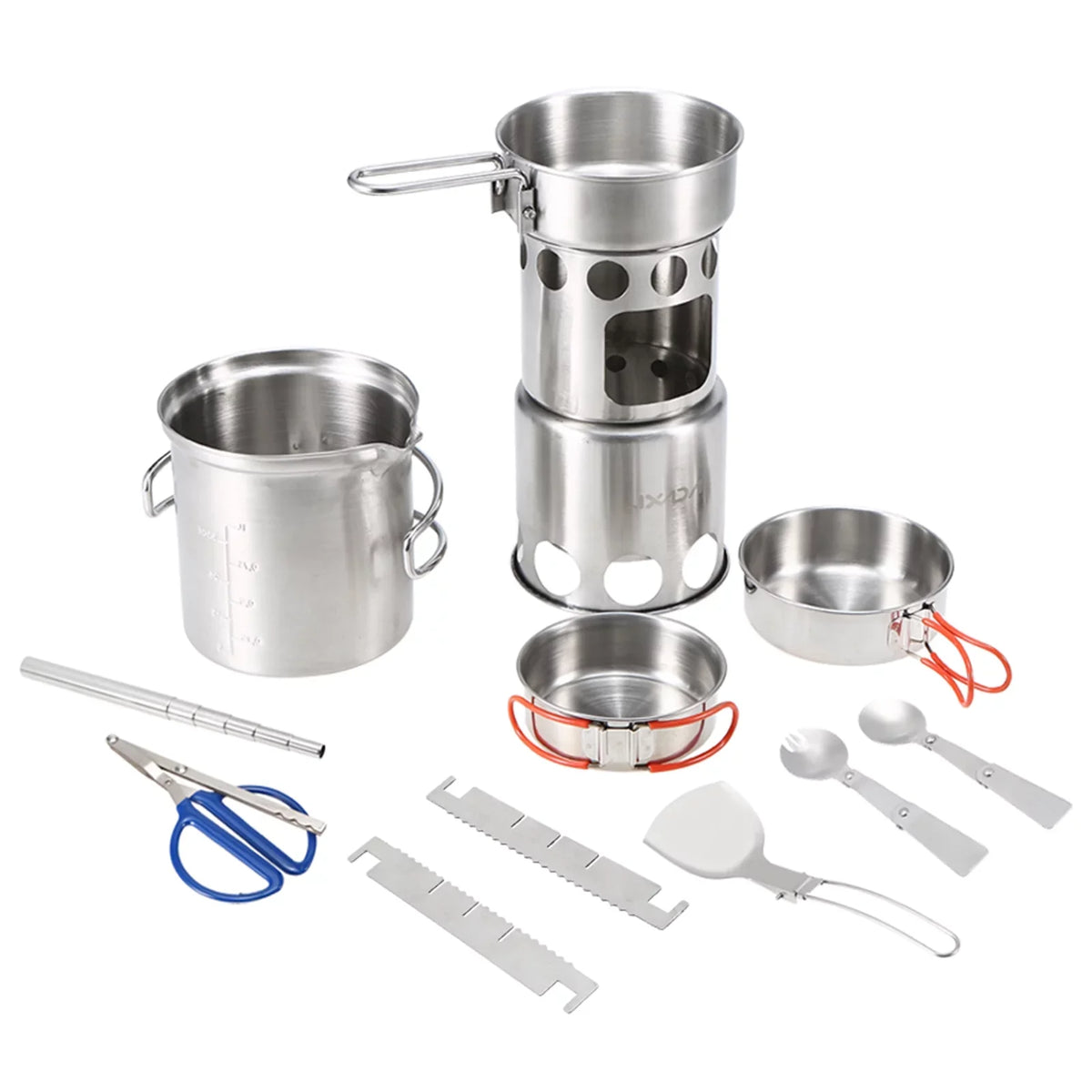 Lixada Camping Cookware Mess Kit, Stainless Steel Folding Wood Stove Pot Pan Set, Portable Tableware Cooking Set for Backpacking and Picnics