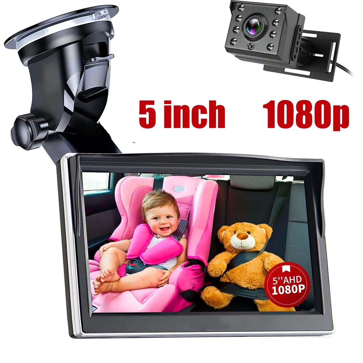 Luosen Baby Car Camera 1080P, Baby Mirror for Car Back Seat with 5 Inch HD Monitor, Rear Facing Infant Camera Clear Night Vision, Newborns Travel Safety Kit