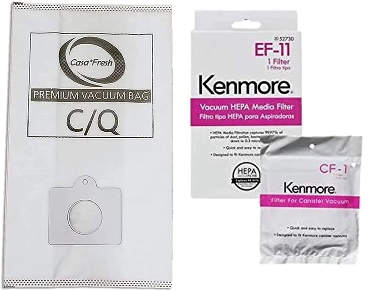 Replaces Part #'s C/Q, 5055, 50558, 50104, 52370, 81002. appropriate with Kenmore 600 Series Bagged Canister Vacuum w/Pet PowerMate. 6 Cloth Bags + 1 EF-11 + 1 CF 1. Casa Vacuums 81614 Kit