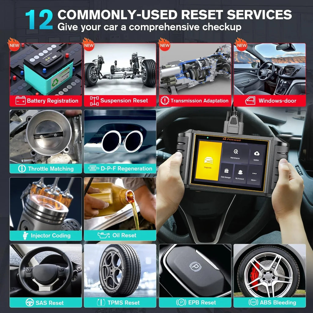 Foxwell NT726 OBD2 Scanner All Systems Diagnostic Tool ABS Bleeding SAS Calibration Oil EPB Throttle Reset 12 Maintainence Services Car Code Reader Free Update with a 5.5inch Touchscreen