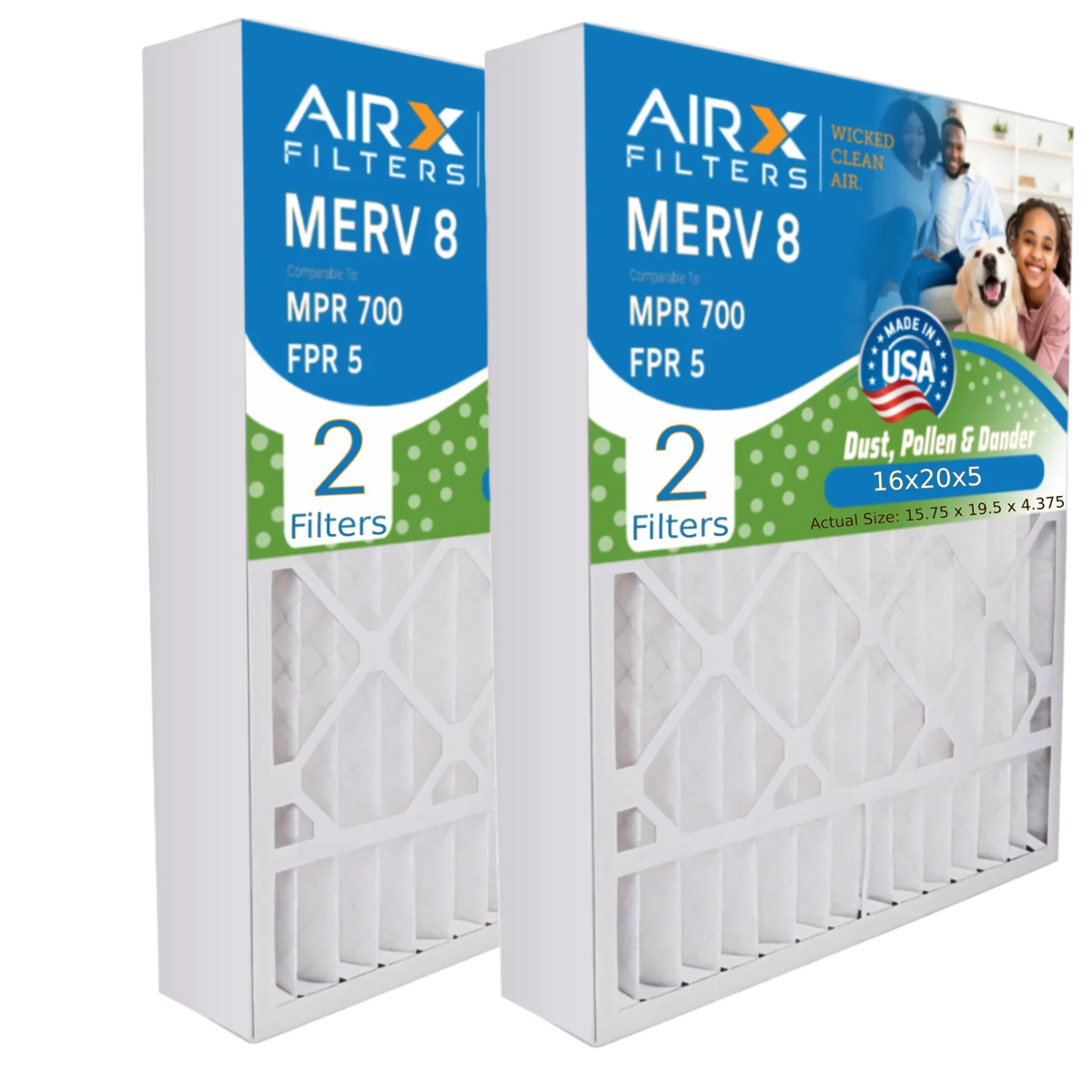 16x20x5 Air Filter MERV 8 Comparable to MPR 700 & FPR 5 suitable with Honeywell FC100A1003 Premium USA Made 16x20x5 Furnace Filter 2 Pack by AIRX FILTERS WICKED CLEAN AIR.
