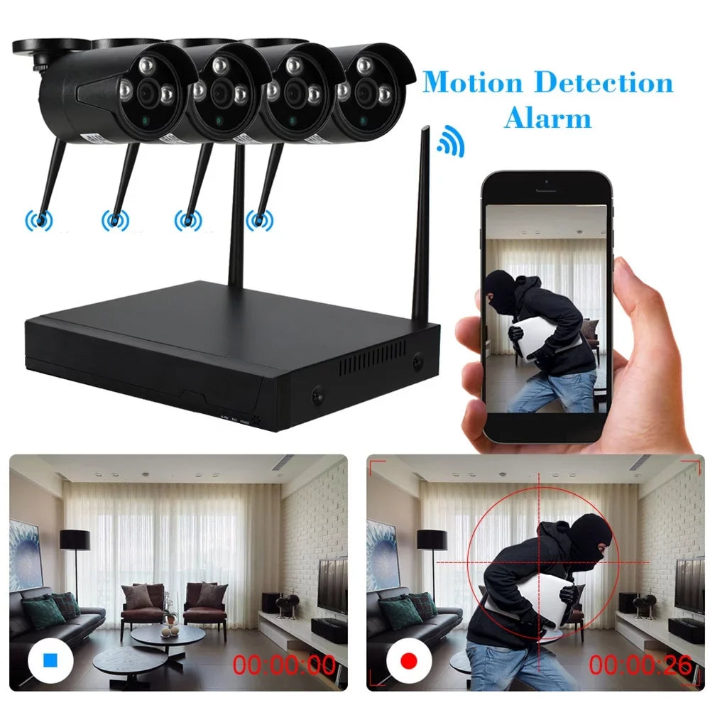 4CH 1080P HD WiFi NVR Kit with 4pcs 1.0MP Wireless WiFi Waterproof Outdoor IP Camera Support P2P IR-CUT Night Vision Phone Control Motion Detection for CCTV System