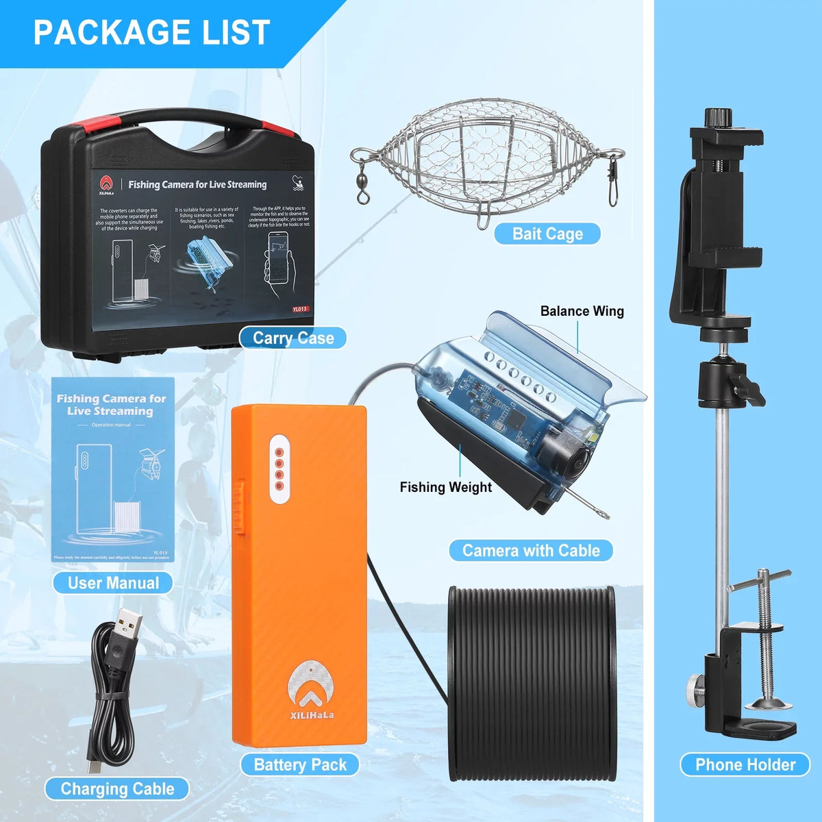 MIXFEER 1080P Underwater Fishing Camera with APP Control Fishing Live Video Camera Fish Finder with 50M Cable Mobile Phone Holder Bait Cage Carry Case for Ice Lake Sea craft Kayak Fishing