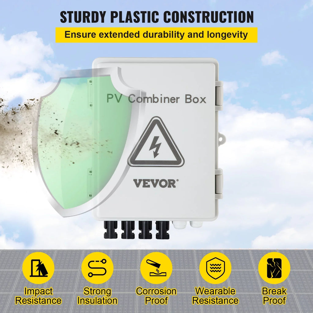 VEVOR PV Combiner Box, 4 String, Solar Combiner Box with 15a Rated Current Fuse, 63a Circuit Breaker, Lightning Arreste and Solar Connector, for On / Off Grid Solar Panel System, IP65 Waterproof