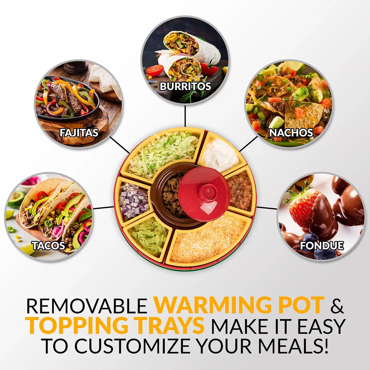 Warming Pot, Includes 4 Taco Holders. Taco Tuesday TTLSTB10 Lazy Susan Taco Bar with 20-Oz