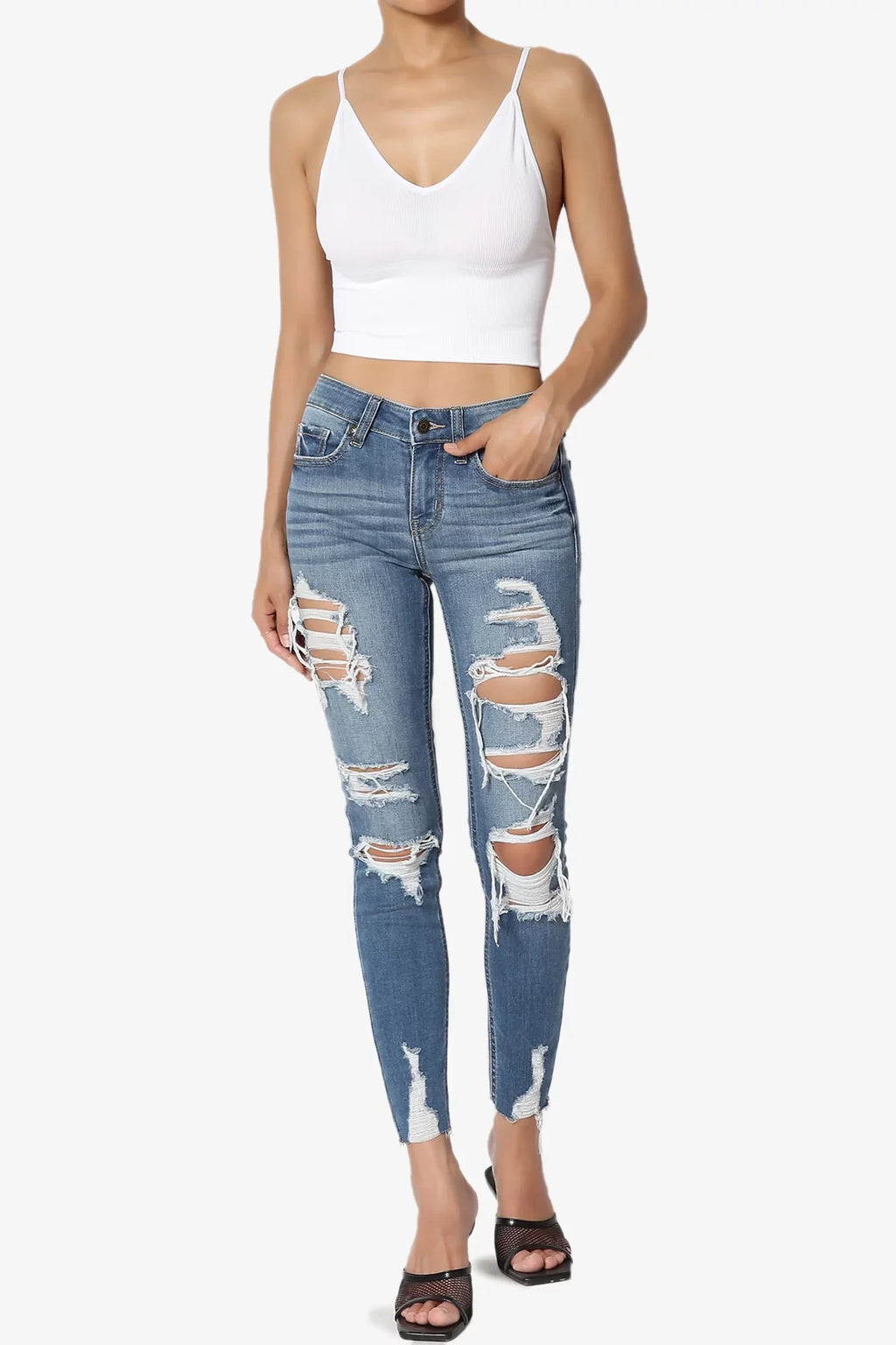TheMogan Women's Distressed Ripped Mid Rise Stretch Perfect Skinny Jeans in Deep MD