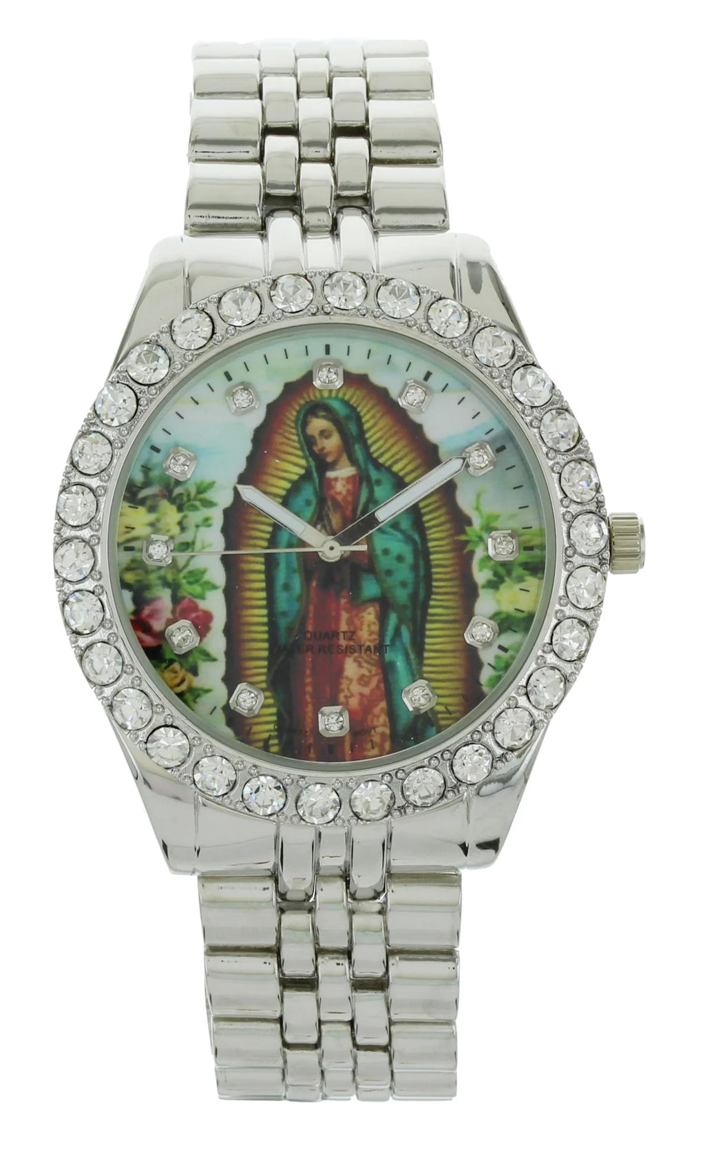 Men's Our Lady of Guadalupe Silver-Tone Metal Bracelet Watch with Neckless and Cross Pendent Set