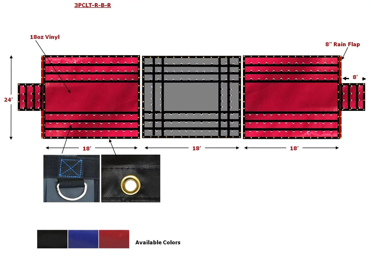 24' x 18' 3 Piece Red/Black Lumber Tarp for Heavy Duty Truck Cargo - 18 Oz Vinly Flatbed Tarps with 8' Drop - Waterproof Tarp for Trailers to Protect Cargo from Wind, Rain, Snow and Sun