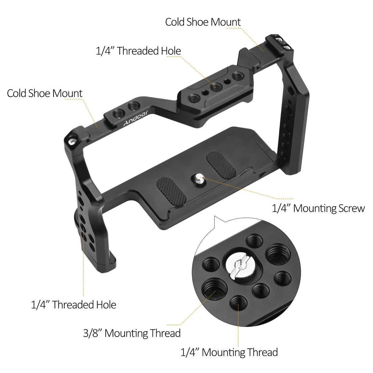 Andoer Cage Aluminum Alloy Video Cage with Dual Cold Shoe Mounts Numerous 14 Inch Threads Replacement for  A7IV/ A7III/ A7II/ A7R III/ A7R II/ A7S II
