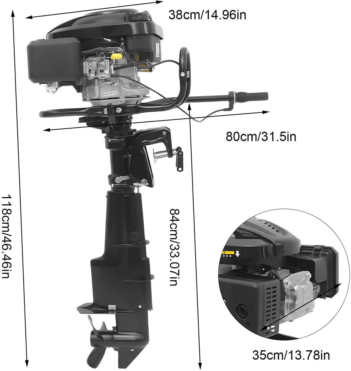 MONIPA Black Heavy Duty Outboard Motor 7.5HP 4 Stroke Outboard Motor vessel Engine with Air Cooling System for Aquaculture Fishing Outdoor Adventure