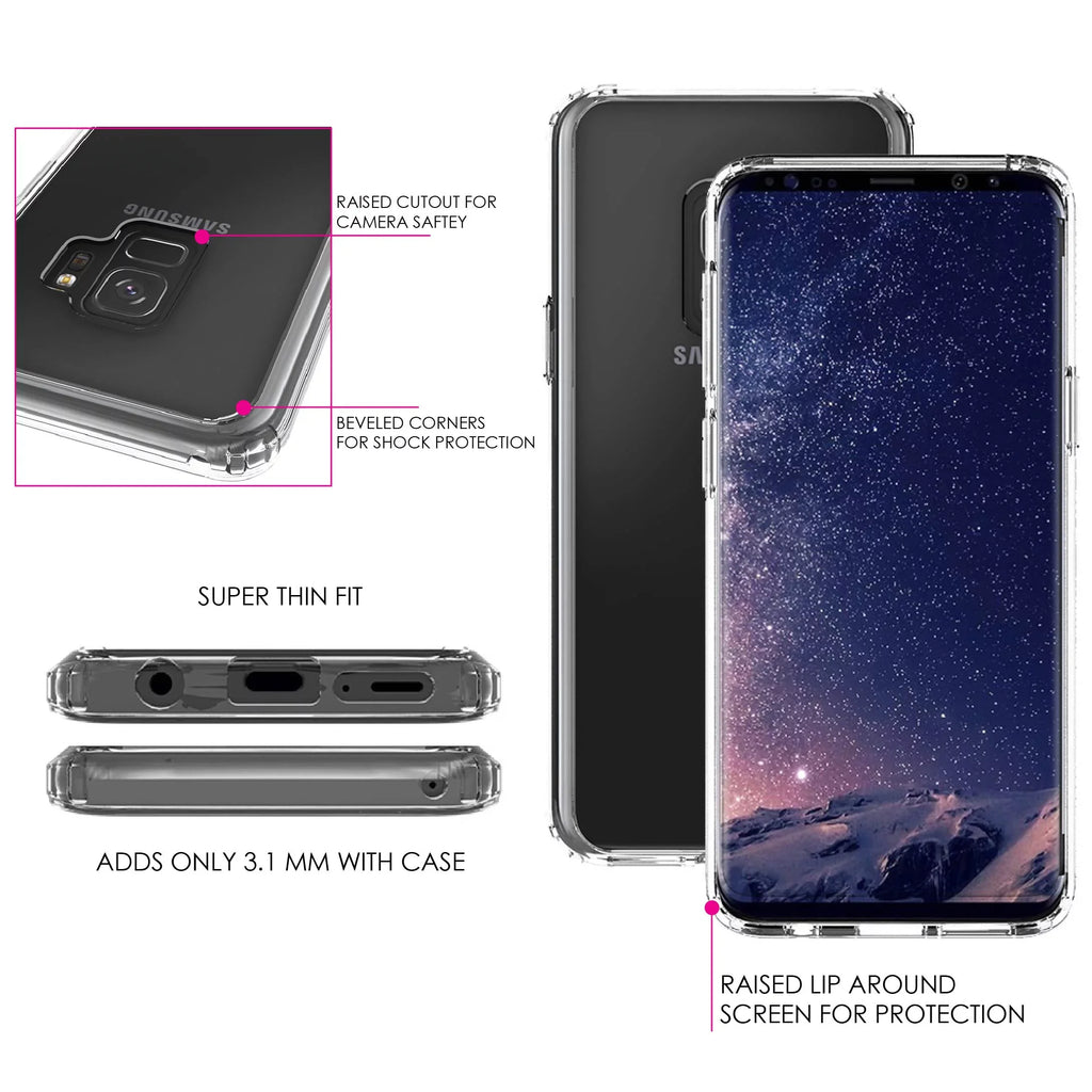 DistinctInk Clear Shockproof Hybrid Case for  Galaxy S9 (5.8" Screen) - TPU Bumper, Acrylic Back, Tempered Glass Screen Protector - Your Faith Can Move Mountains