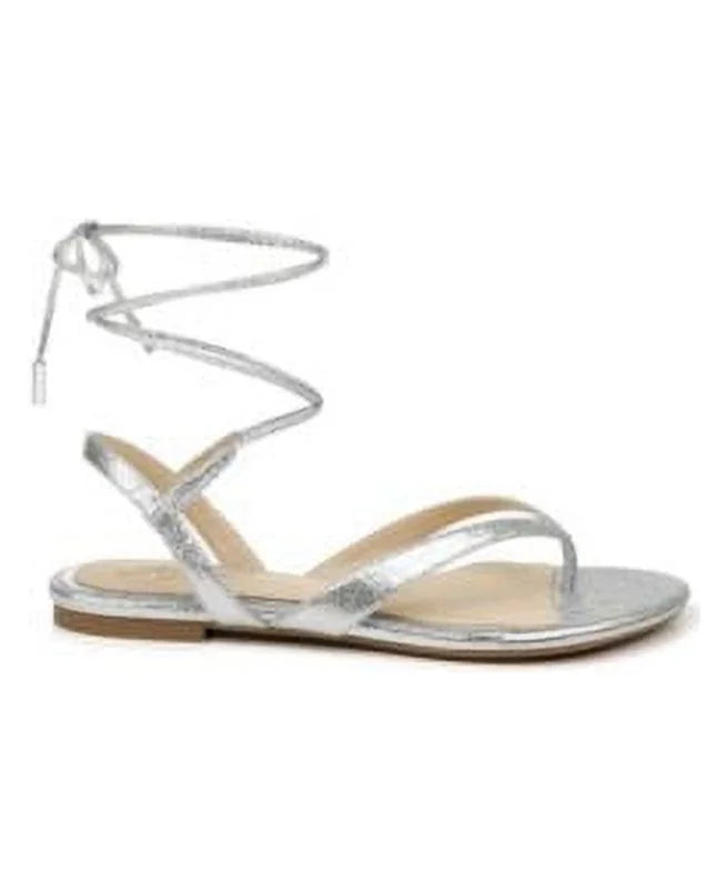 BADGLEY MISCHKA Womens Silver Ankle Strap Padded Nolana Round Toe Lace-Up Dress Thong Sandals 8