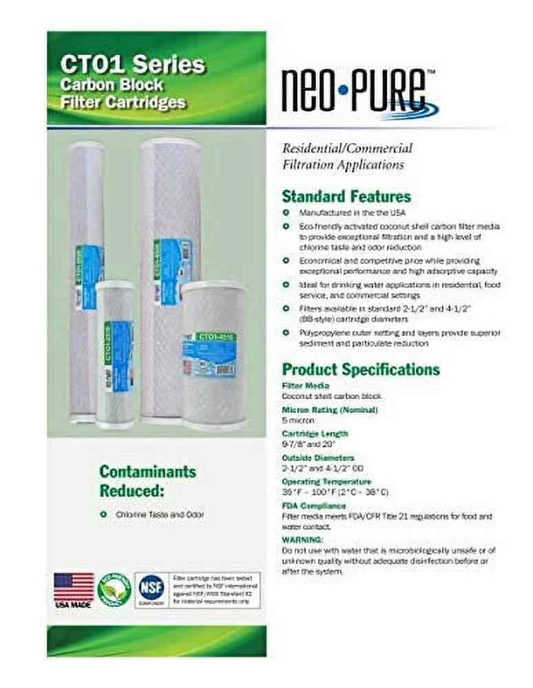Neo-Pure CTO1-4510 9-7/8 x 4-1/2 Coconut Shell Carbon Block liquid Filter 5 mic
