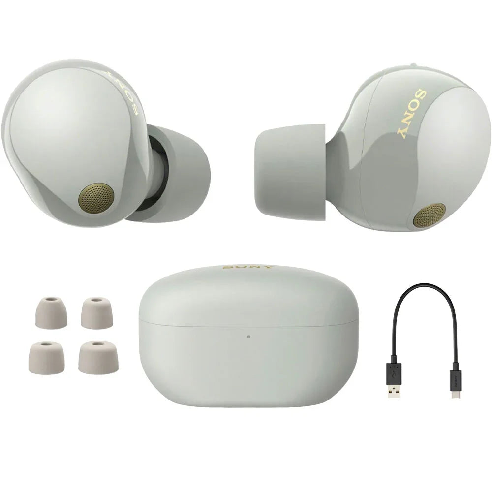WF-1000XM5 Industry Leading Noise Canceling Truly Wireless Earbuds (Silver) Bundle with Silicone Case (Pink), Memory Foam Ear Tips, USB-A to USB-C Cable & 1 YR CPS Enhanced Protection Pack